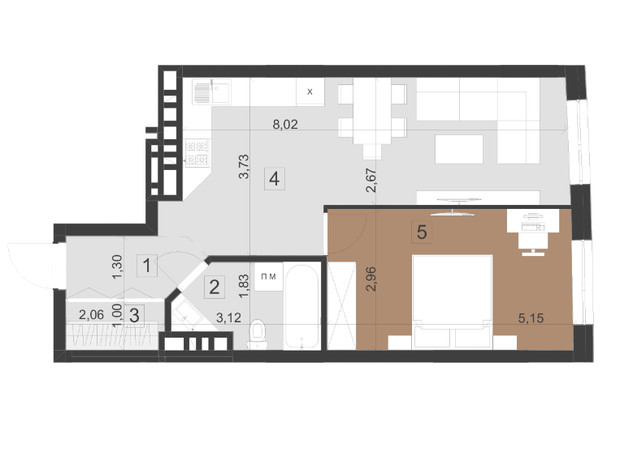 ЖК Парус Преміум: планування 1-кімнатної квартири 50.5 м²