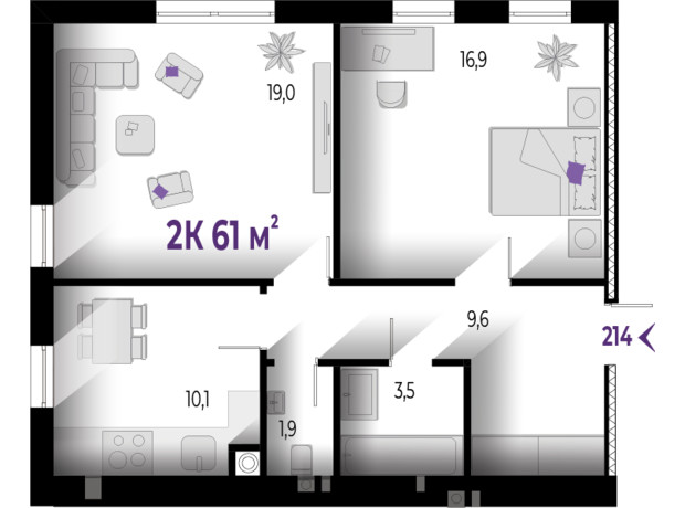 ЖК Wawel: планування 2-кімнатної квартири 61 м²