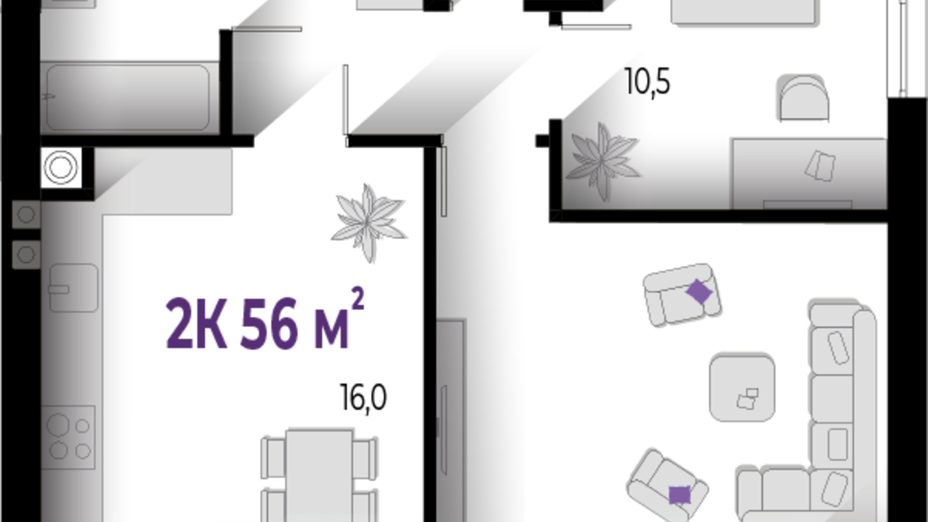 Планировка 2-комнатной квартиры в ЖК Wawel 56 м², фото 560685