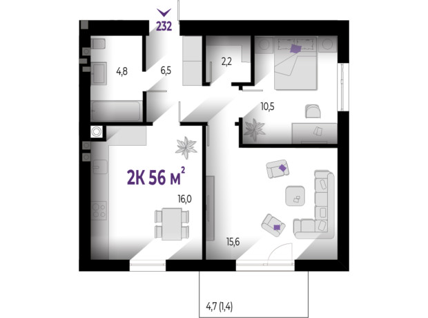 ЖК Wawel: планировка 2-комнатной квартиры 56 м²