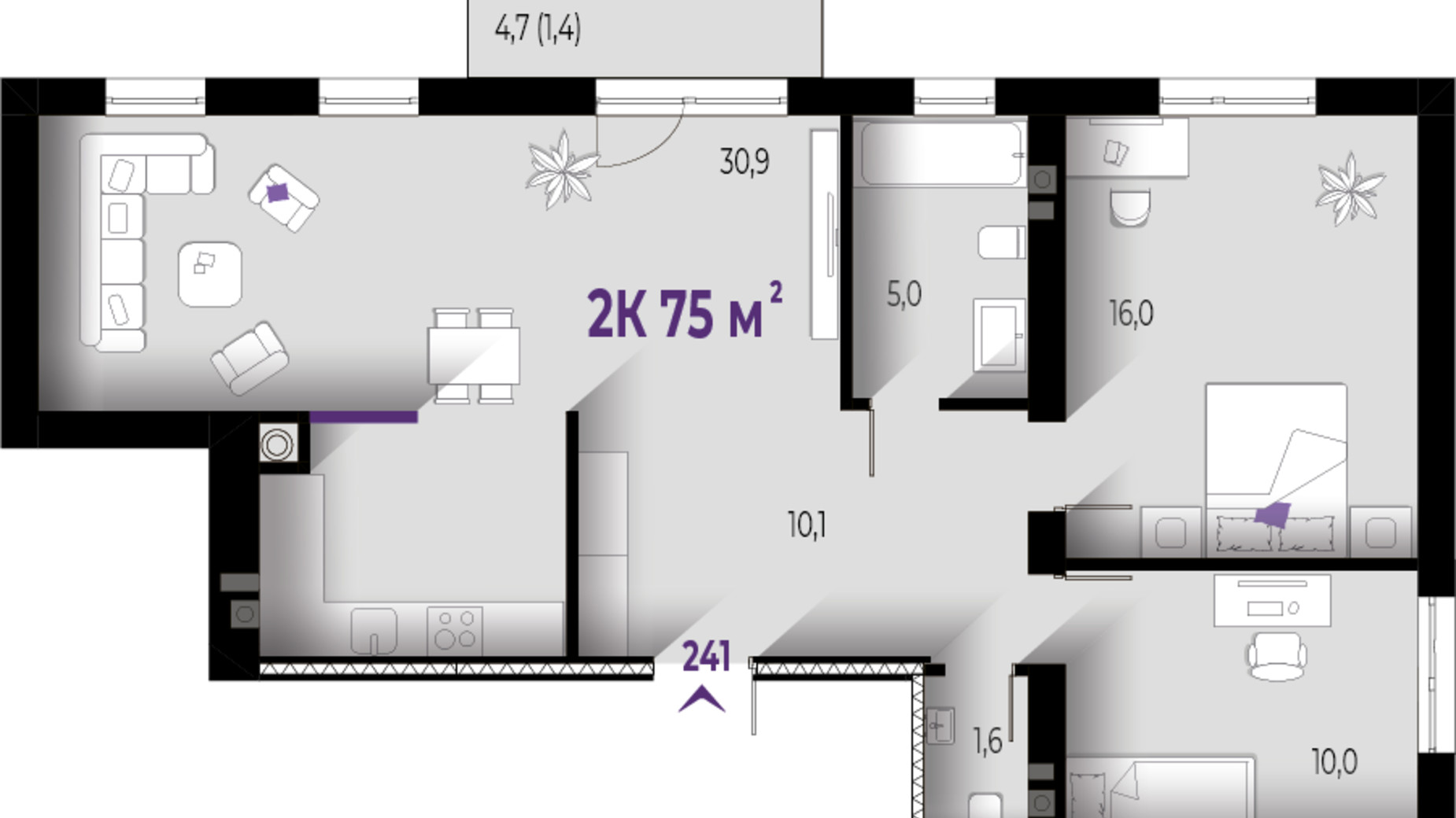 Планировка 2-комнатной квартиры в ЖК Wawel 75 м², фото 560690