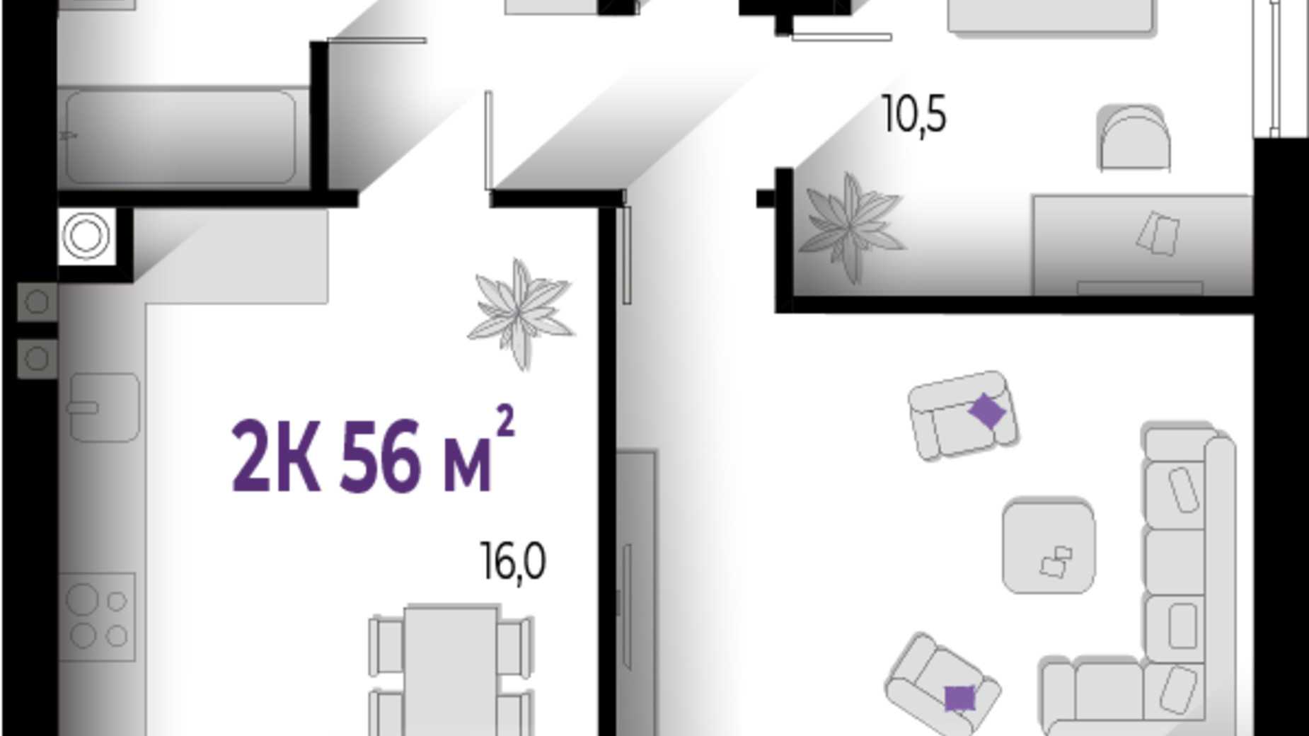 Планировка 2-комнатной квартиры в ЖК Wawel 56 м², фото 560691