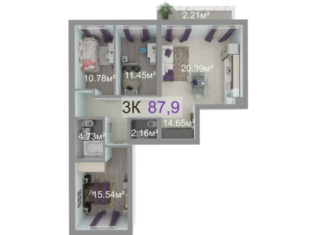 ЖК Квартал Краковский: планировка 3-комнатной квартиры 87.9 м²