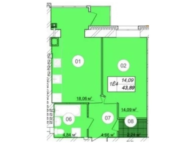 ЖК Премьер: планировка 1-комнатной квартиры 43.89 м²