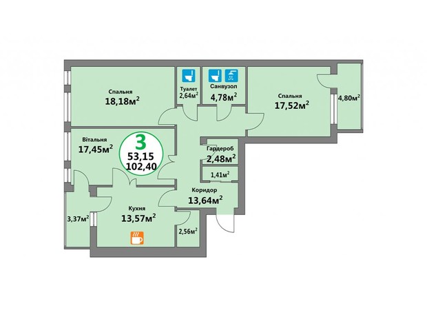 ЖК Эко-Дом на Надийний: планировка 3-комнатной квартиры 102.4 м²