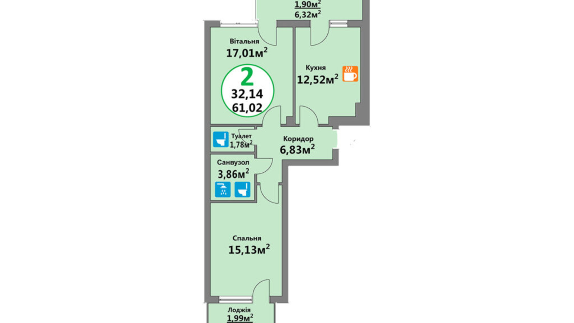 Планування 2-кімнатної квартири в ЖК Еко-Дім на Тракті 4 61.02 м², фото 561138