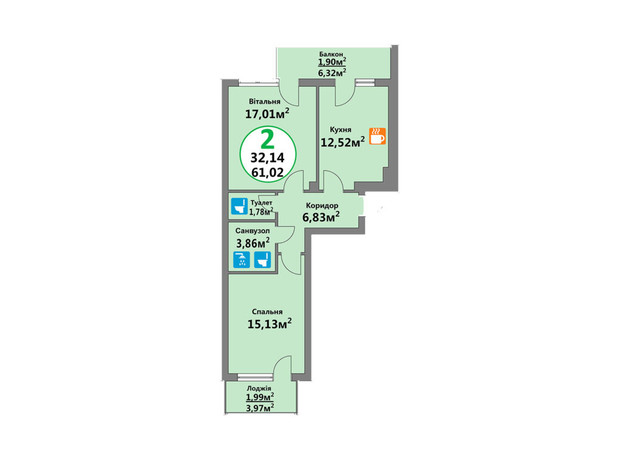 ЖК Еко-Дім на Тракті 4: планування 2-кімнатної квартири 61.02 м²