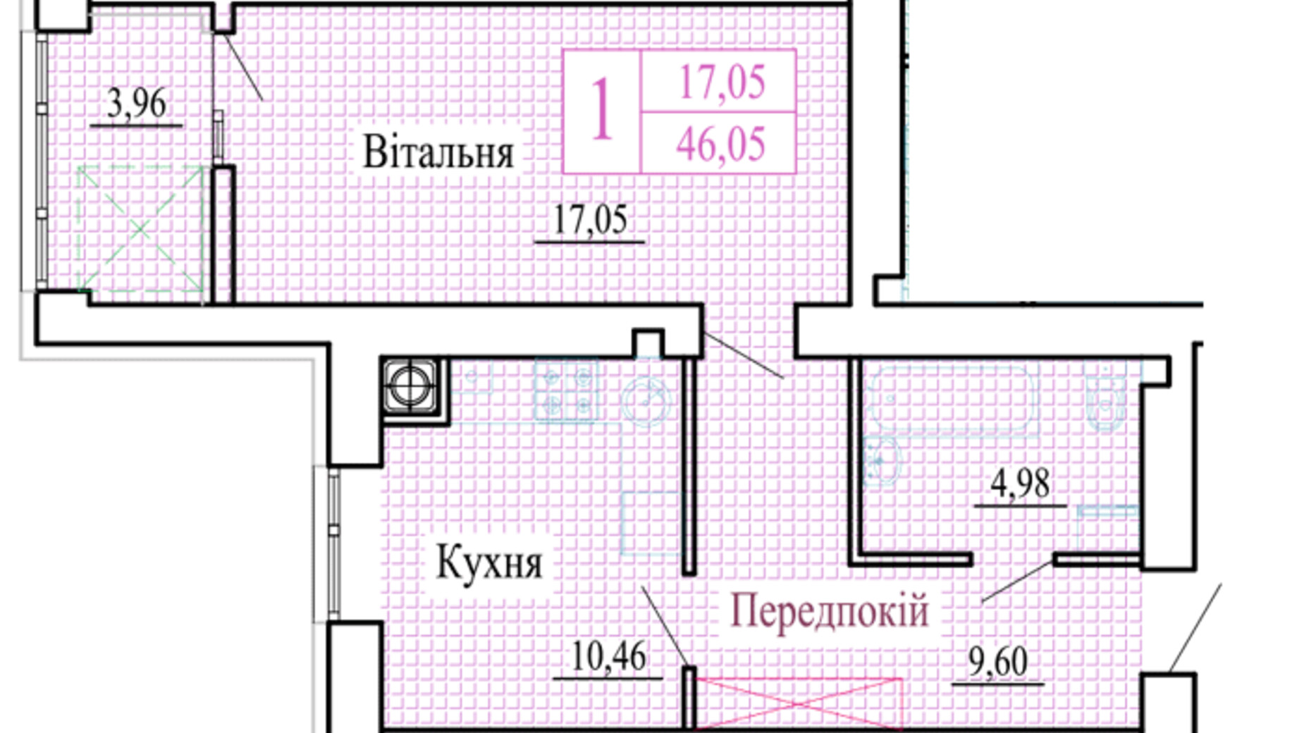 Планування 1-кімнатної квартири в ЖК Атмосфера 46.05 м², фото 561187