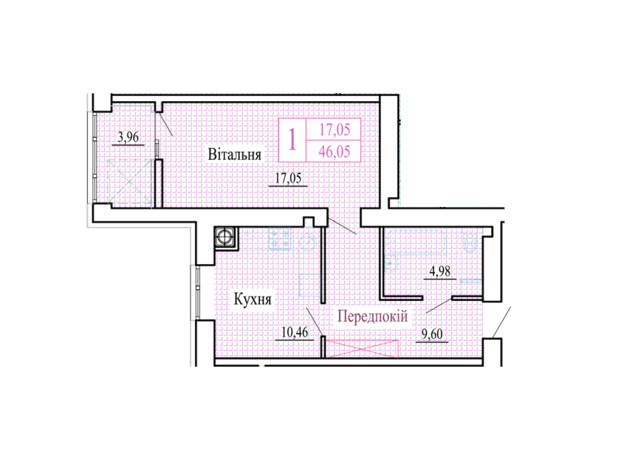 ЖК Атмосфера: планування 1-кімнатної квартири 46.05 м²