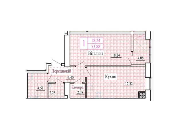 ЖК Атмосфера: планировка 1-комнатной квартиры 53.88 м²