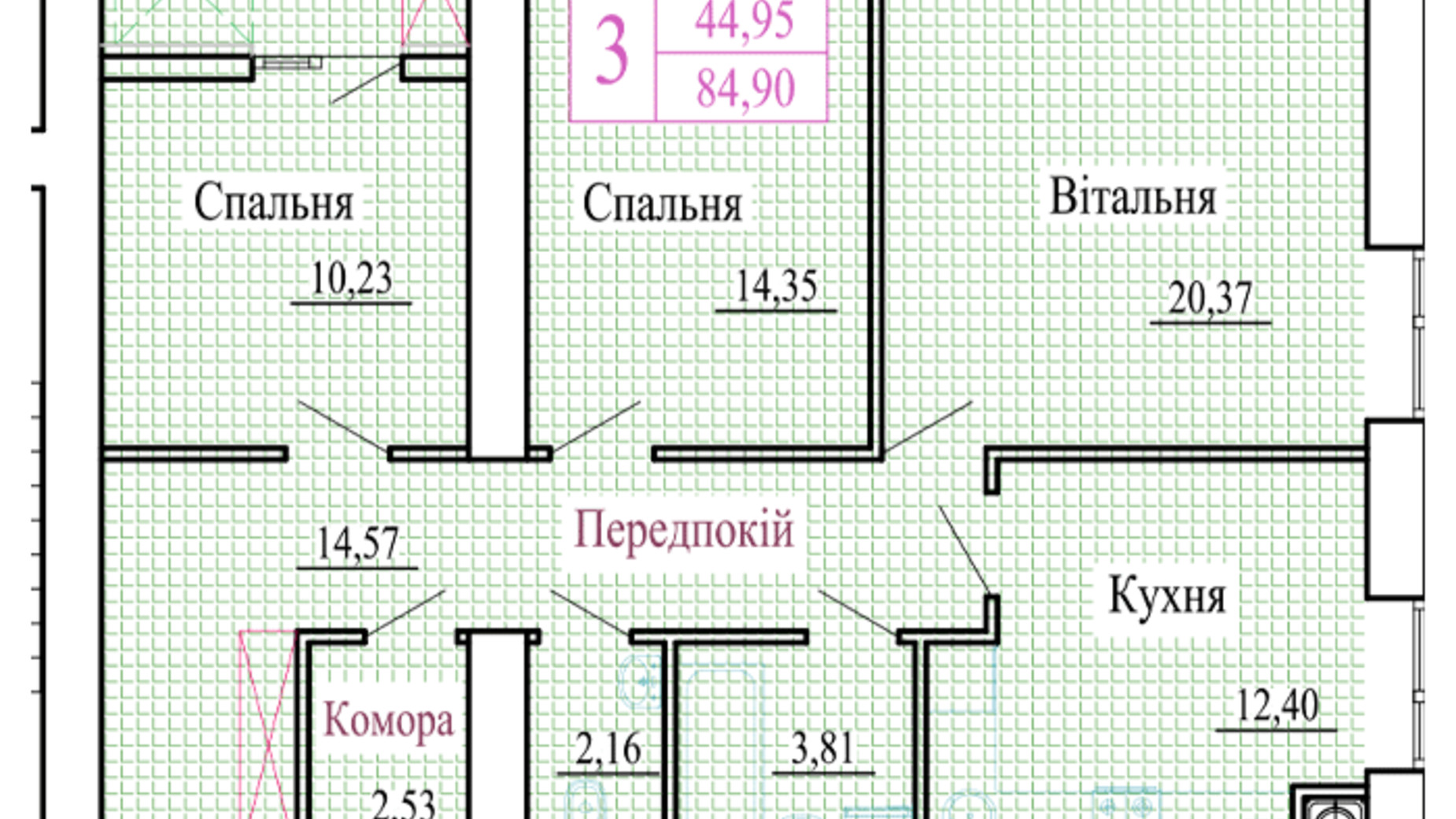 Планировка 3-комнатной квартиры в ЖК Атмосфера 84.9 м², фото 561192