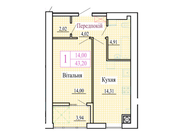 ЖК Атмосфера: планировка 1-комнатной квартиры 43.2 м²