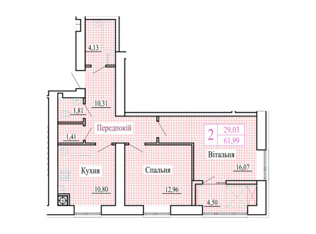 ЖК Атмосфера: планування 2-кімнатної квартири 61.99 м²