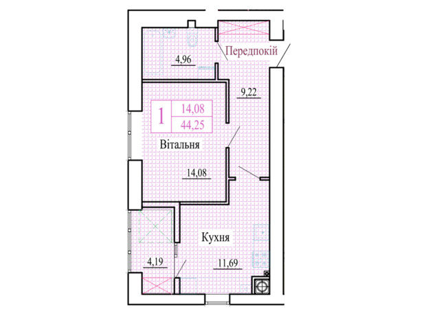 ЖК Атмосфера: планировка 1-комнатной квартиры 44.25 м²