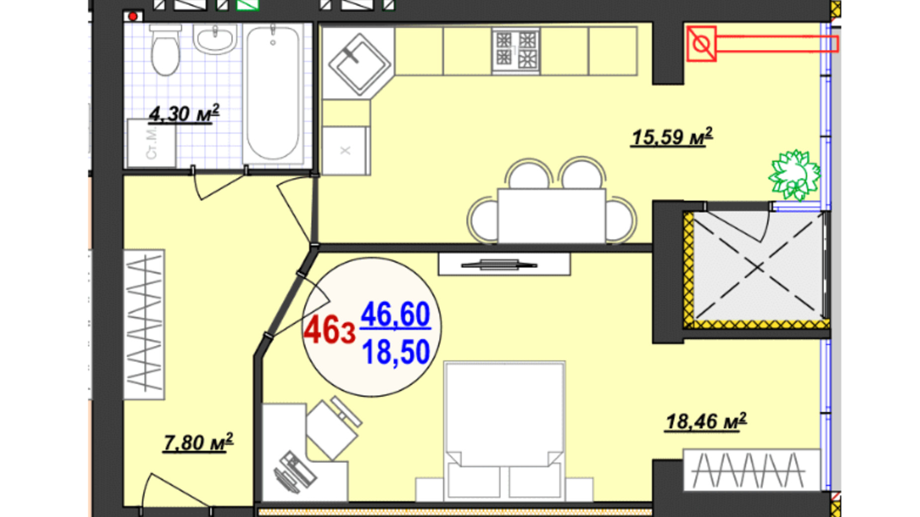 Планировка 1-комнатной квартиры в ЖК Кемпинг Сити 46.6 м², фото 561208