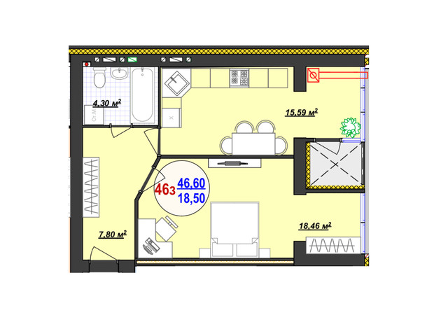 ЖК Кемпинг Сити: планировка 1-комнатной квартиры 46.6 м²