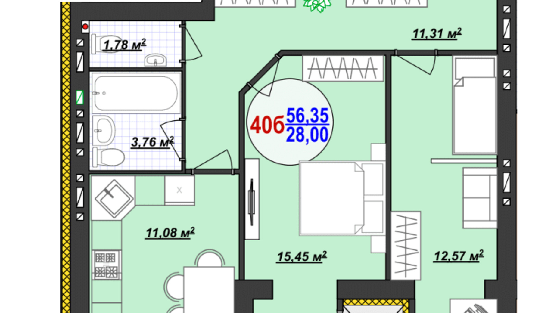 Планування 2-кімнатної квартири в ЖК Кемпінг Сіті 56.35 м², фото 561209