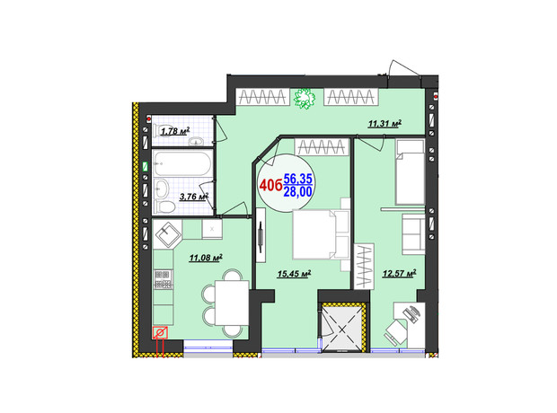 ЖК Кемпинг Сити: планировка 2-комнатной квартиры 56.35 м²