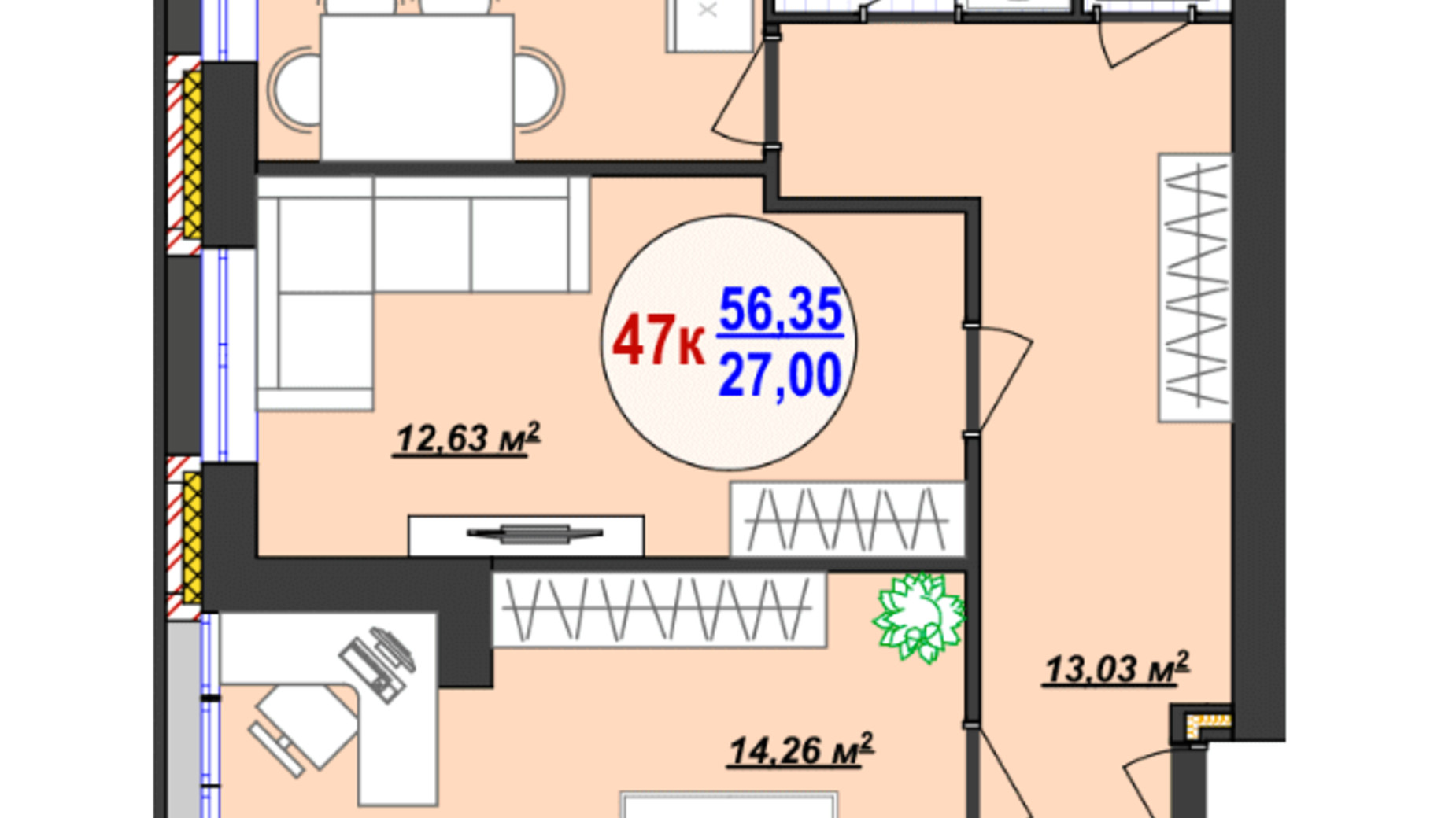Планування 2-кімнатної квартири в ЖК Кемпінг Сіті 56.36 м², фото 561211