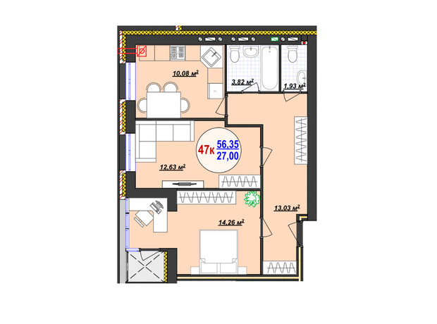 ЖК Кемпинг Сити: планировка 2-комнатной квартиры 56.36 м²