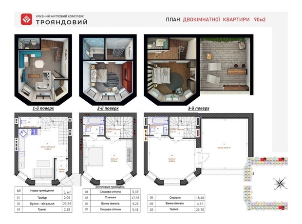 ЖК Трояндовий: планування 2-кімнатної квартири 90.38 м²