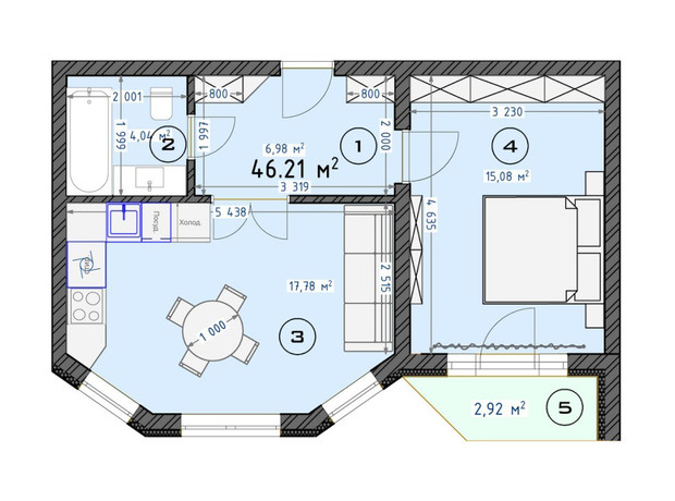 ЖК Трояндовий: планування 1-кімнатної квартири 46 м²
