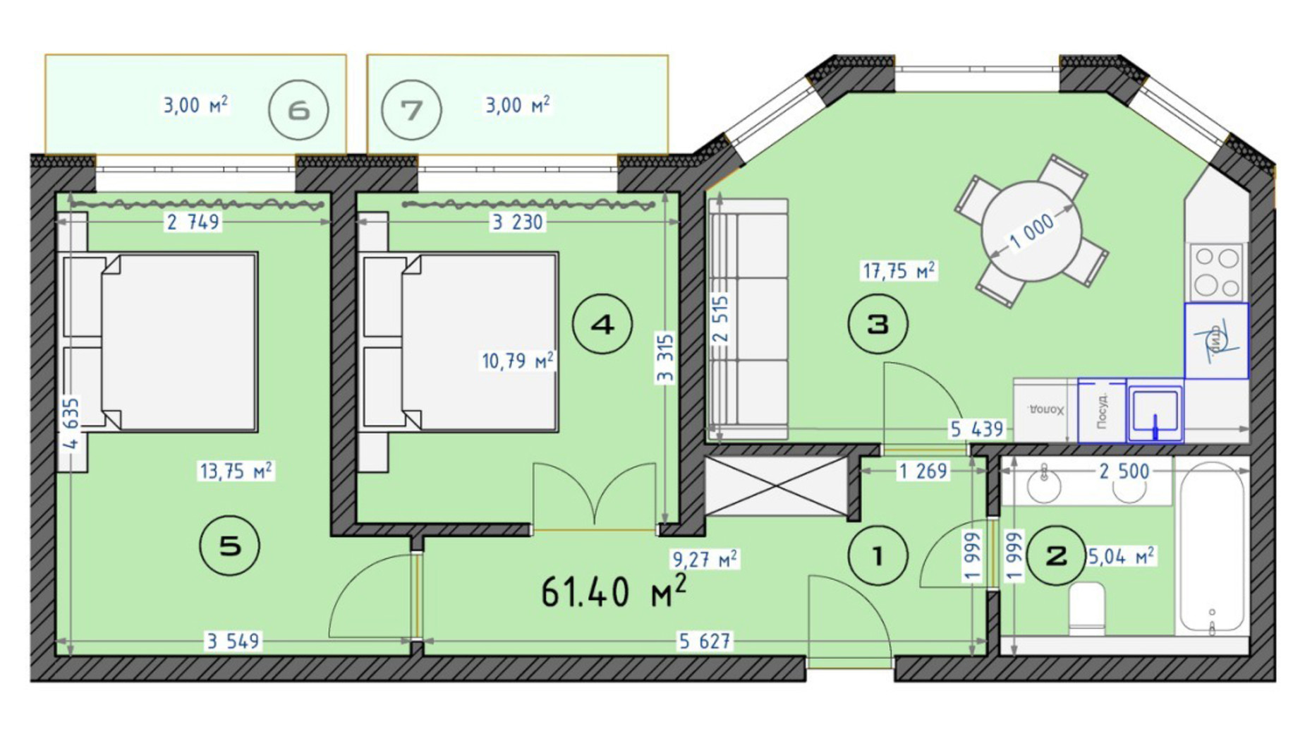 Планування 2-кімнатної квартири в ЖК Трояндовий 62 м², фото 561307