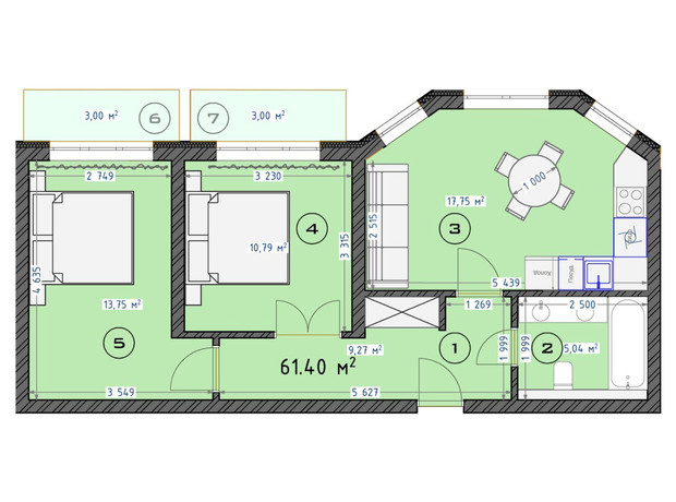 ЖК Трояндовый: планировка 2-комнатной квартиры 62 м²
