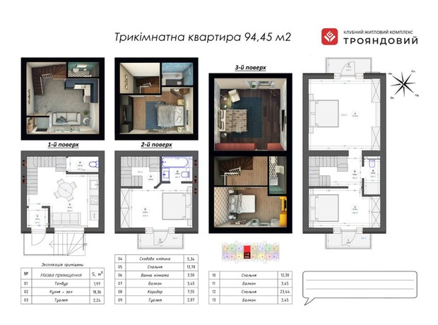 ЖК Трояндовий: планування 3-кімнатної квартири 94 м²