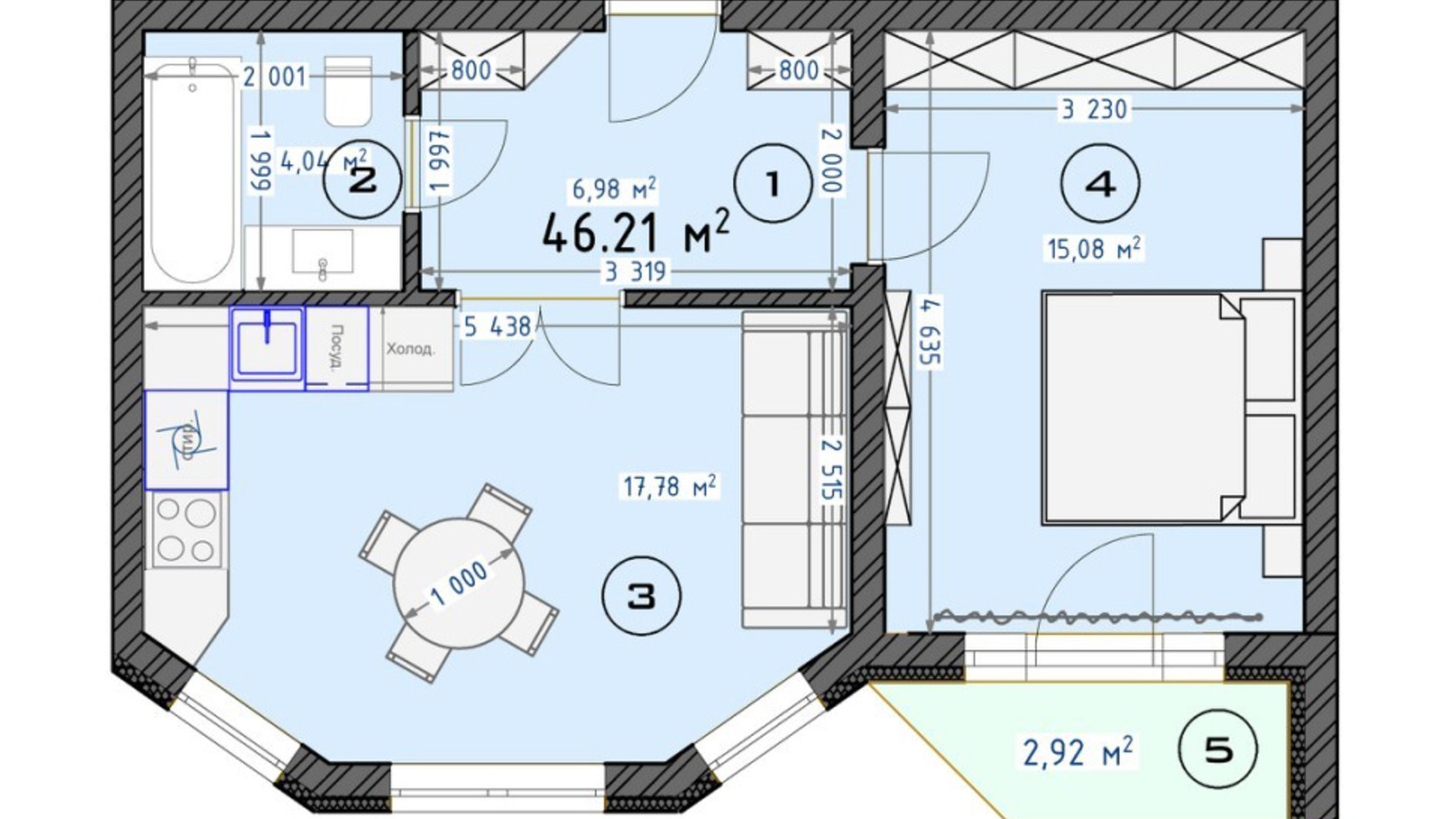 Планировка 1-комнатной квартиры в ЖК Трояндовый 46 м², фото 561312