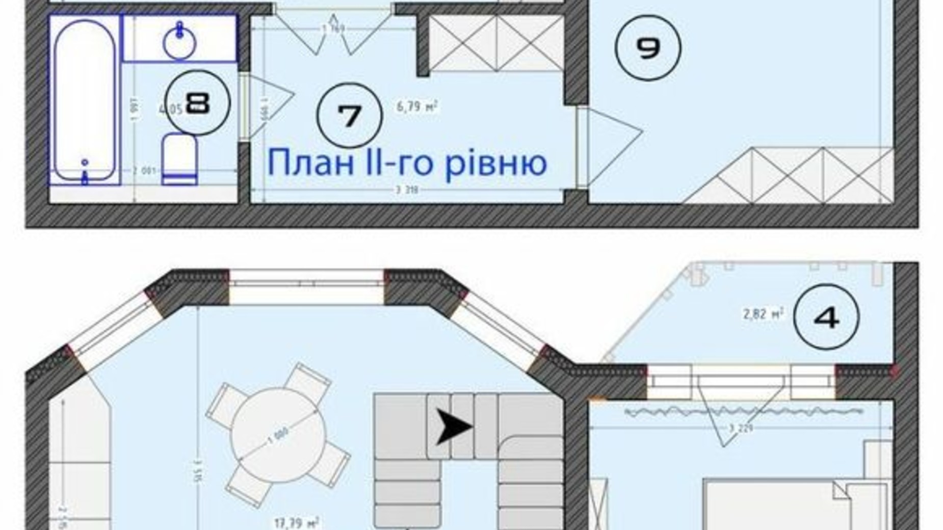 Планировка много­уровневой квартиры в ЖК Трояндовый 91.73 м², фото 561322