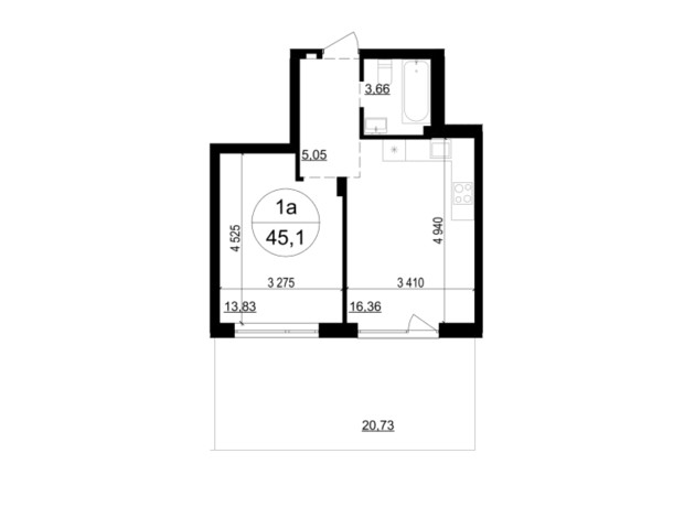 ЖК Грінвуд-4 : планування 1-кімнатної квартири 45.1 м²