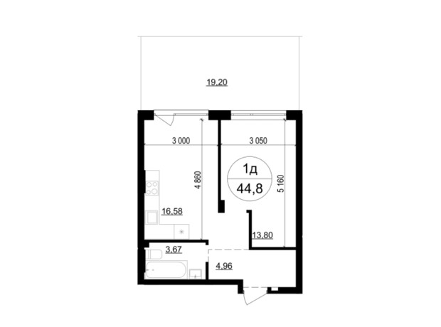 ЖК Грінвуд-4 : планування 1-кімнатної квартири 44.8 м²