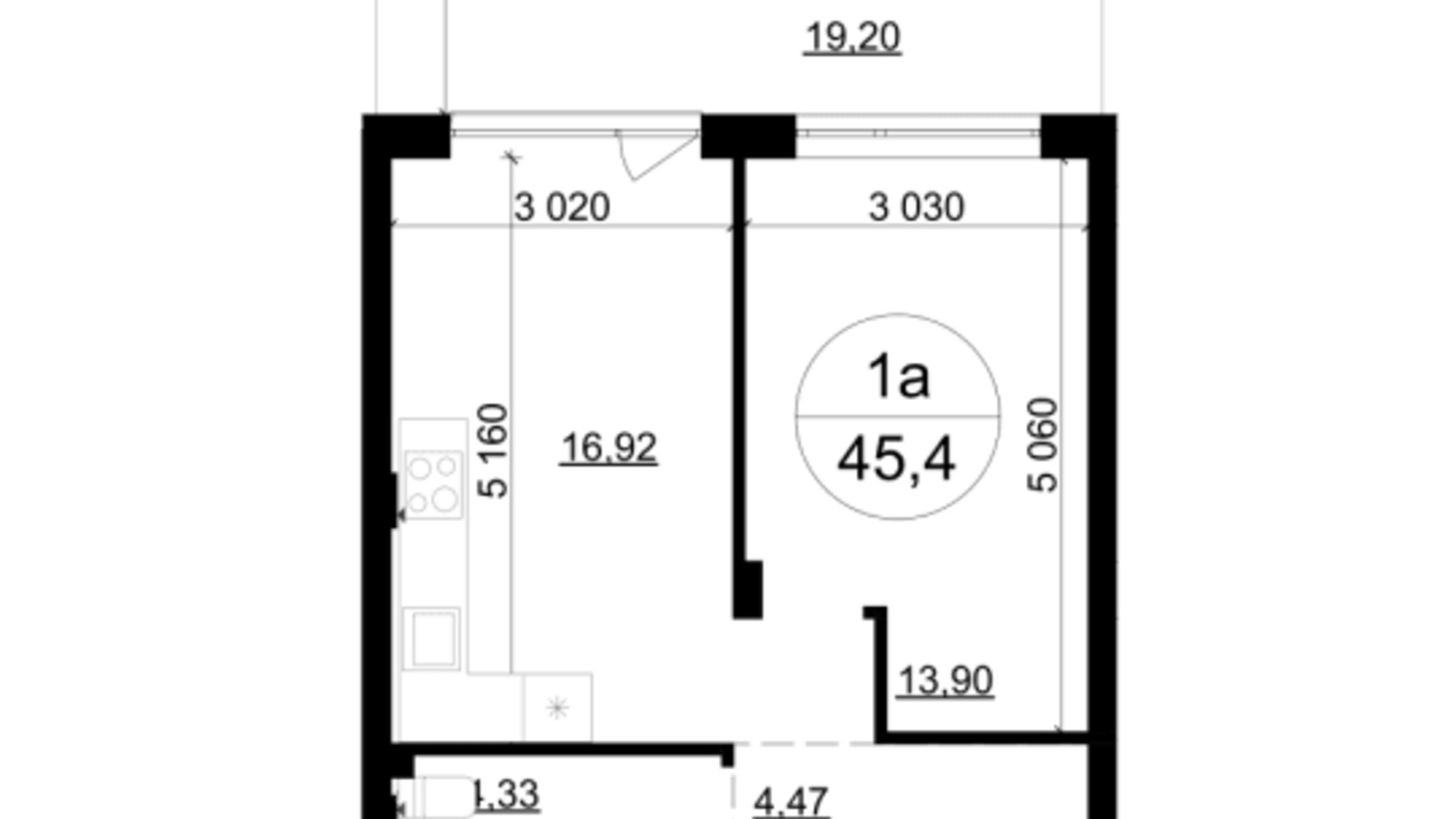 Планировка 1-комнатной квартиры в ЖК Гринвуд-4 45.4 м², фото 561986
