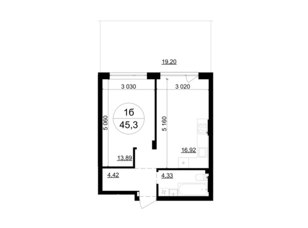 ЖК Грінвуд-4 : планування 1-кімнатної квартири 45.3 м²