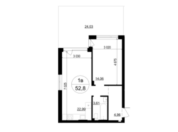 ЖК Грінвуд-4 : планування 1-кімнатної квартири 52.8 м²
