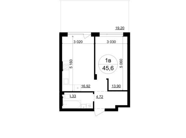 ЖК Грінвуд-4 : планування 1-кімнатної квартири 45.6 м²
