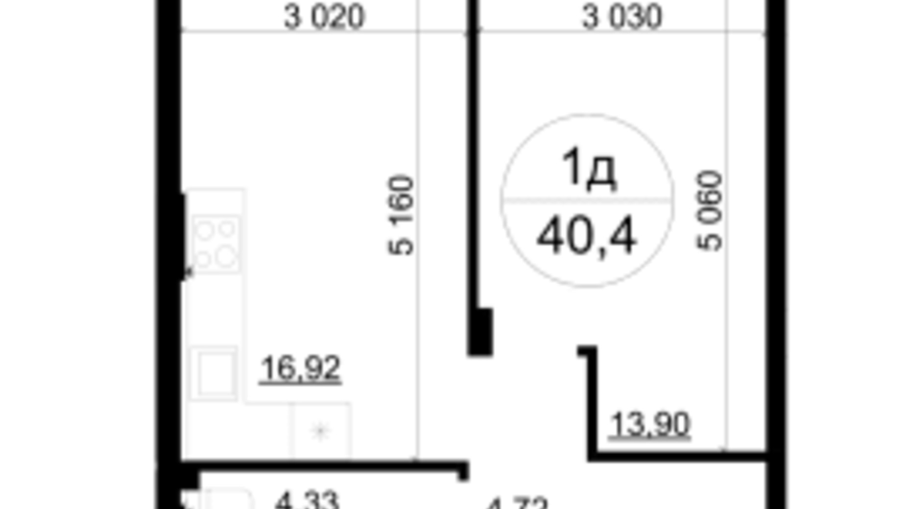 Планування 1-кімнатної квартири в ЖК Грінвуд-4  40.4 м², фото 561994