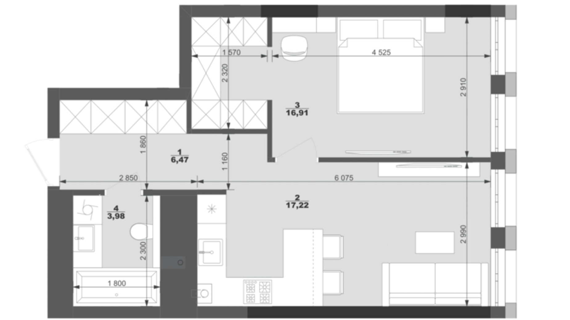 Планування 1-кімнатної квартири в ЖК Park Residence 44.58 м², фото 562002