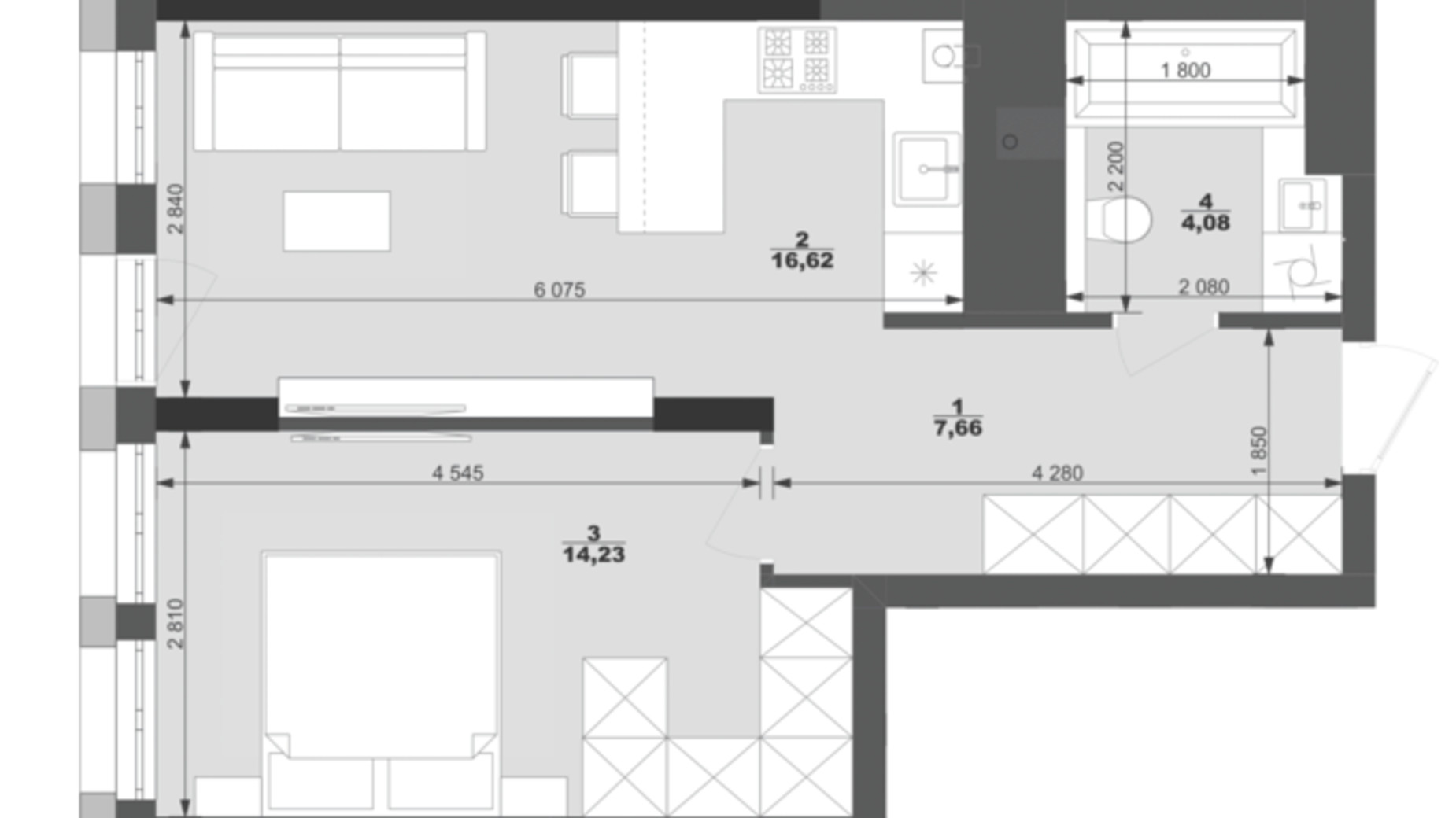 Планировка 1-комнатной квартиры в ЖК Park Residence 42.59 м², фото 562004