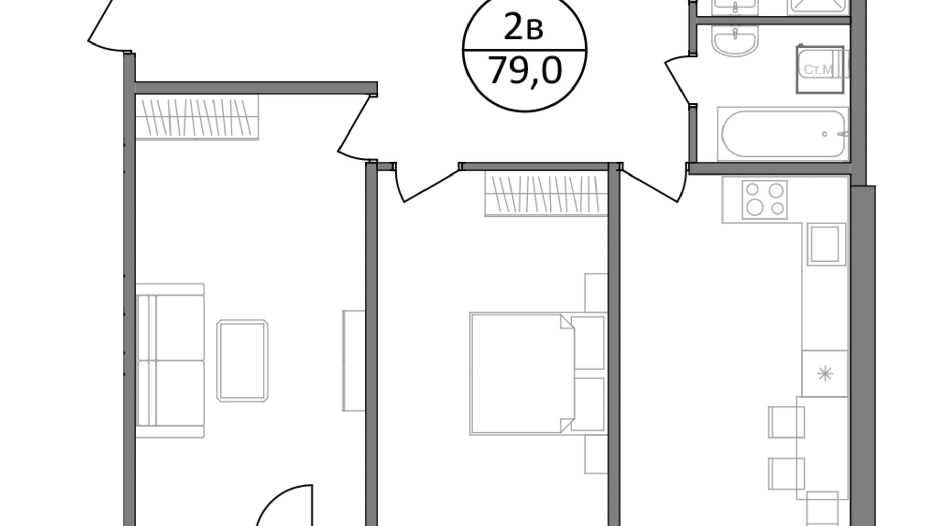 Планування 2-кімнатної квартири в ЖК Парксайд 79 м², фото 562027