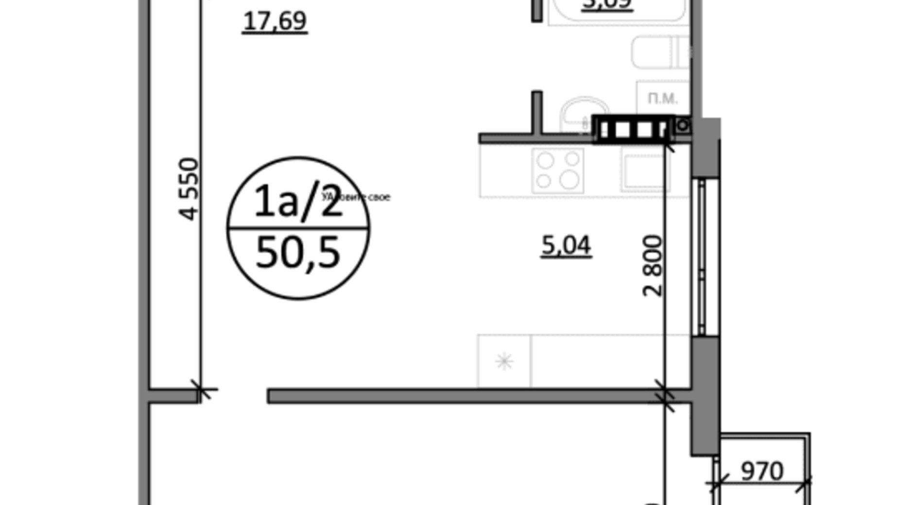 Планування 1-кімнатної квартири в ЖК Парксайд 50.5 м², фото 562095