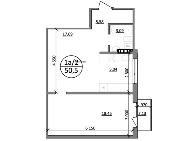 ЖК Парксайд: планування 1-кімнатної квартири 50.5 м²