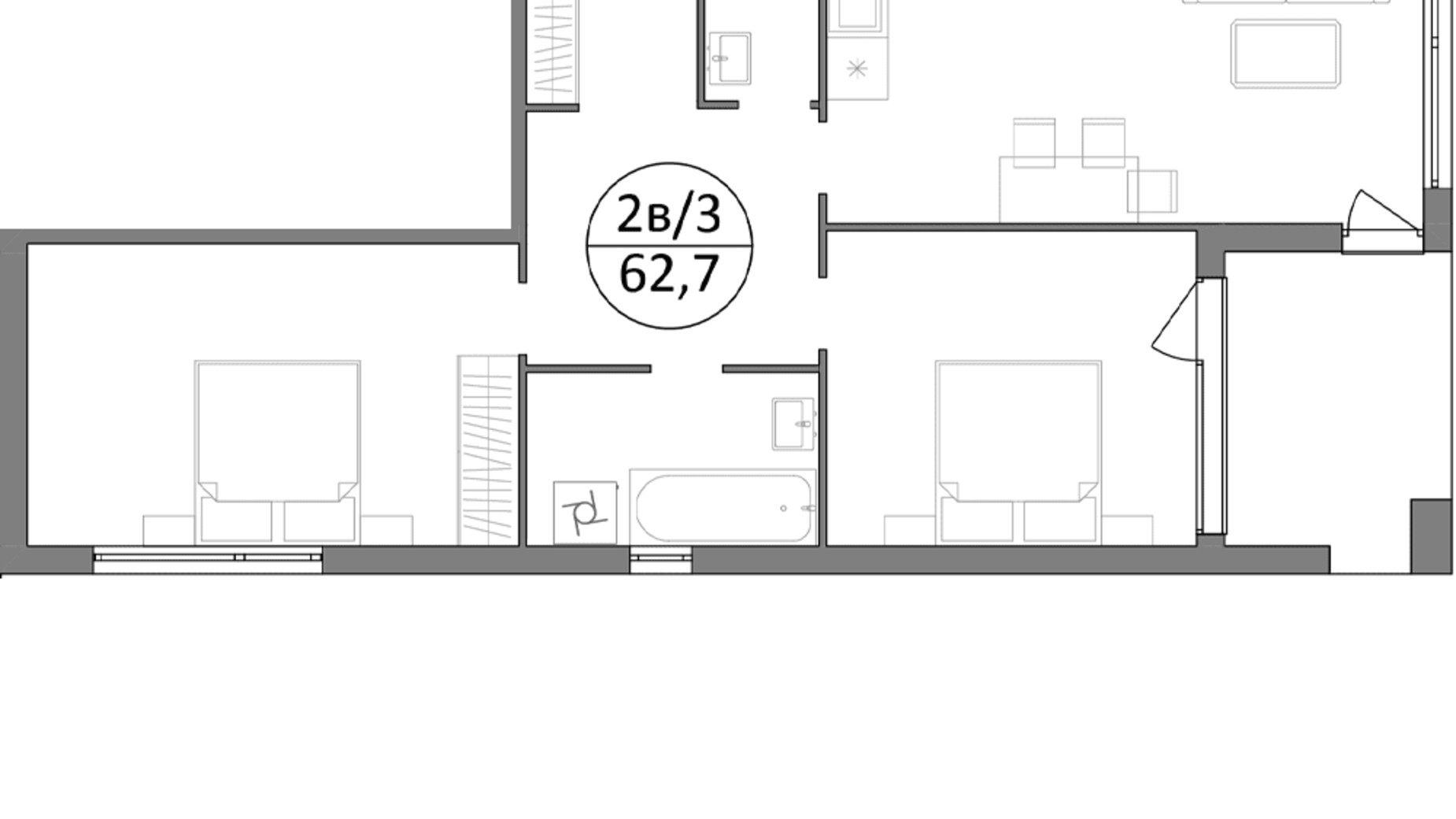Планировка 2-комнатной квартиры в ЖК Гринвуд-3 62.7 м², фото 562133
