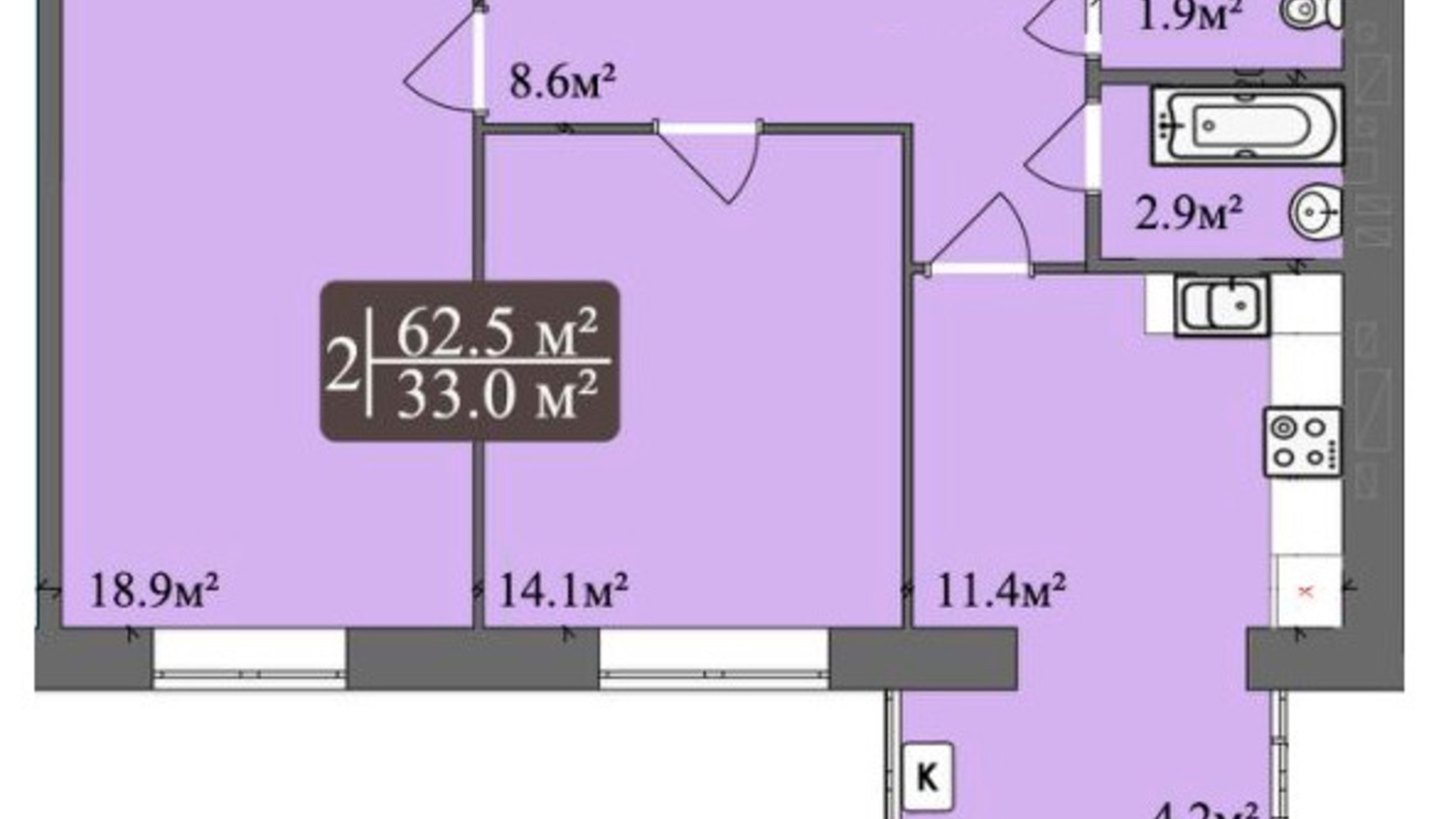 Планировка 2-комнатной квартиры в ЖК Мрия на Покровской 61.5 м², фото 562215