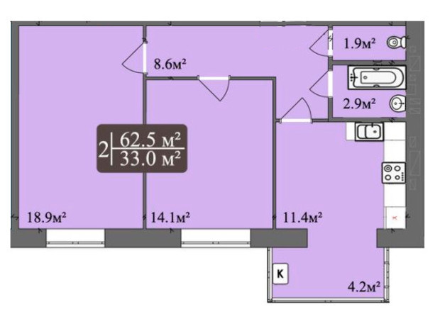 ЖК Мрия на Покровской: планировка 2-комнатной квартиры 61.5 м²