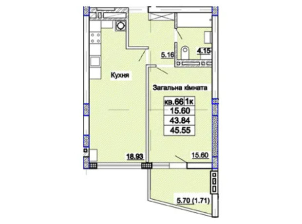 ЖК Парк Авеню: планировка 1-комнатной квартиры 45.55 м²