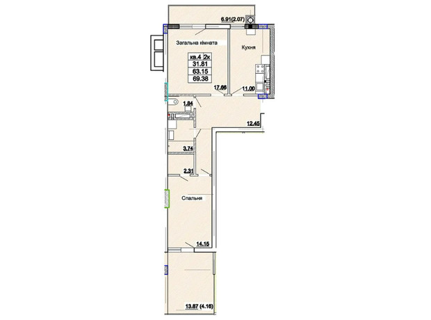 ЖК Парк Авеню: планировка 2-комнатной квартиры 69.38 м²