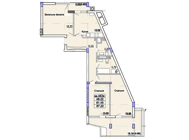 ЖК Парк Авеню: планировка 3-комнатной квартиры 87.22 м²