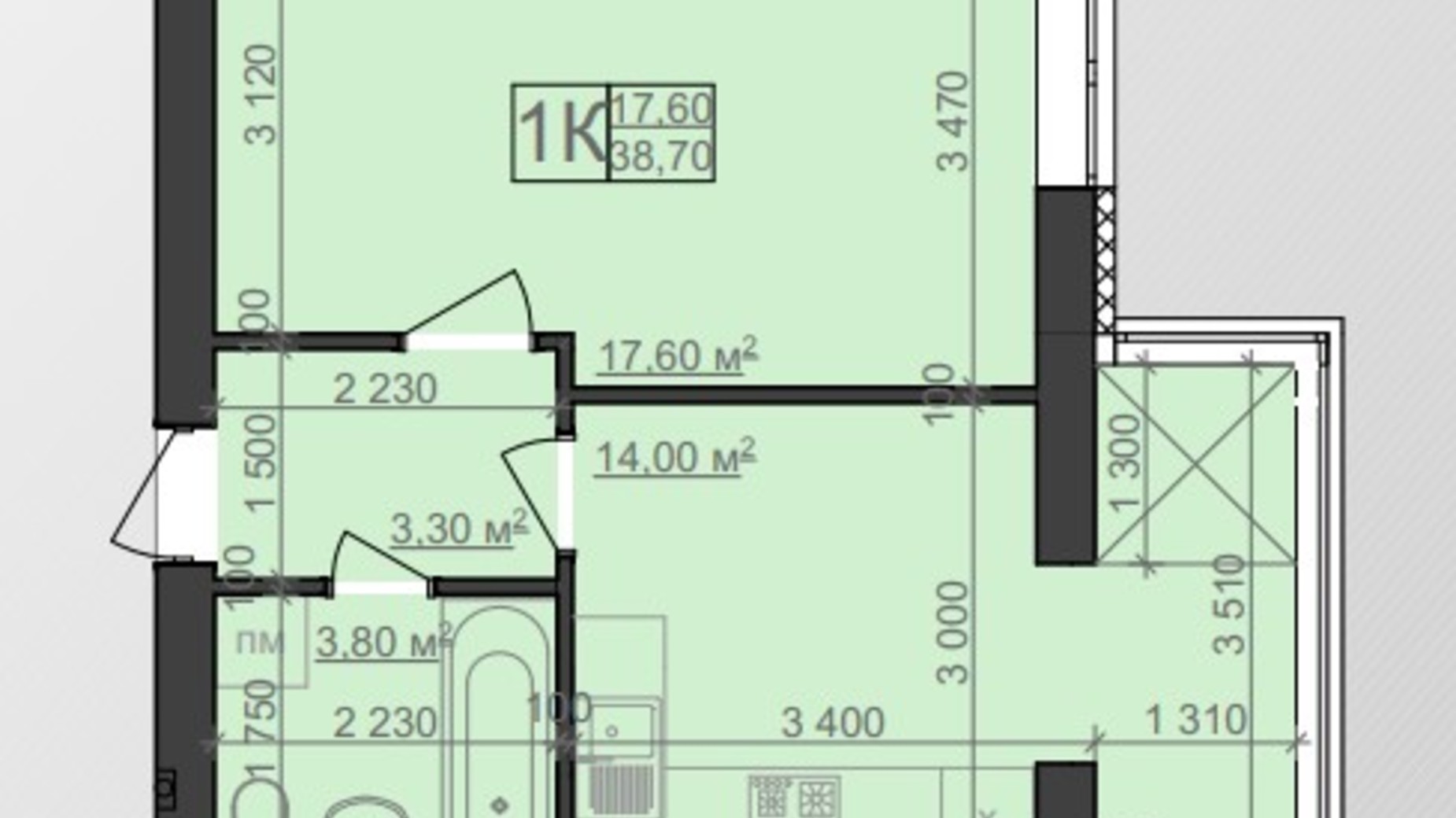 Планування 1-кімнатної квартири в ЖК Зоря 38.3 м², фото 562581